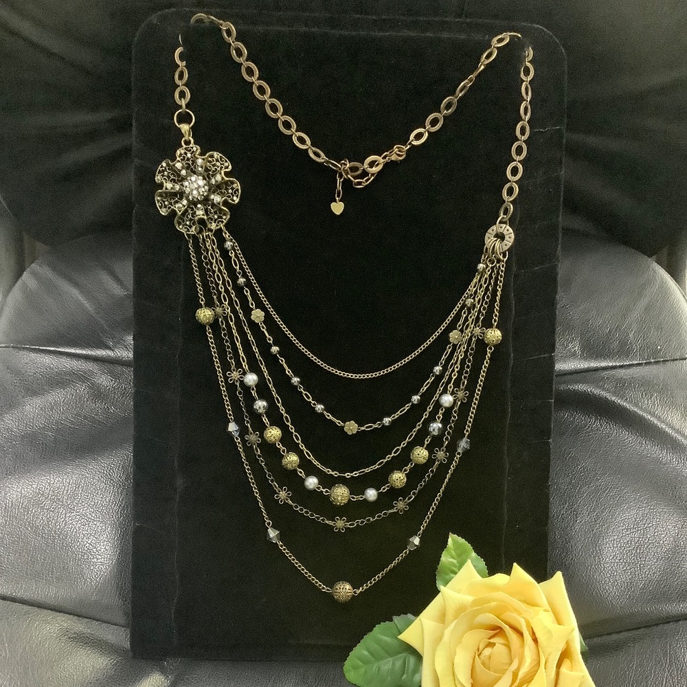 ART BY AMY LABBE Vintage Style Multi strand Bronze Tone Necklace 18” long